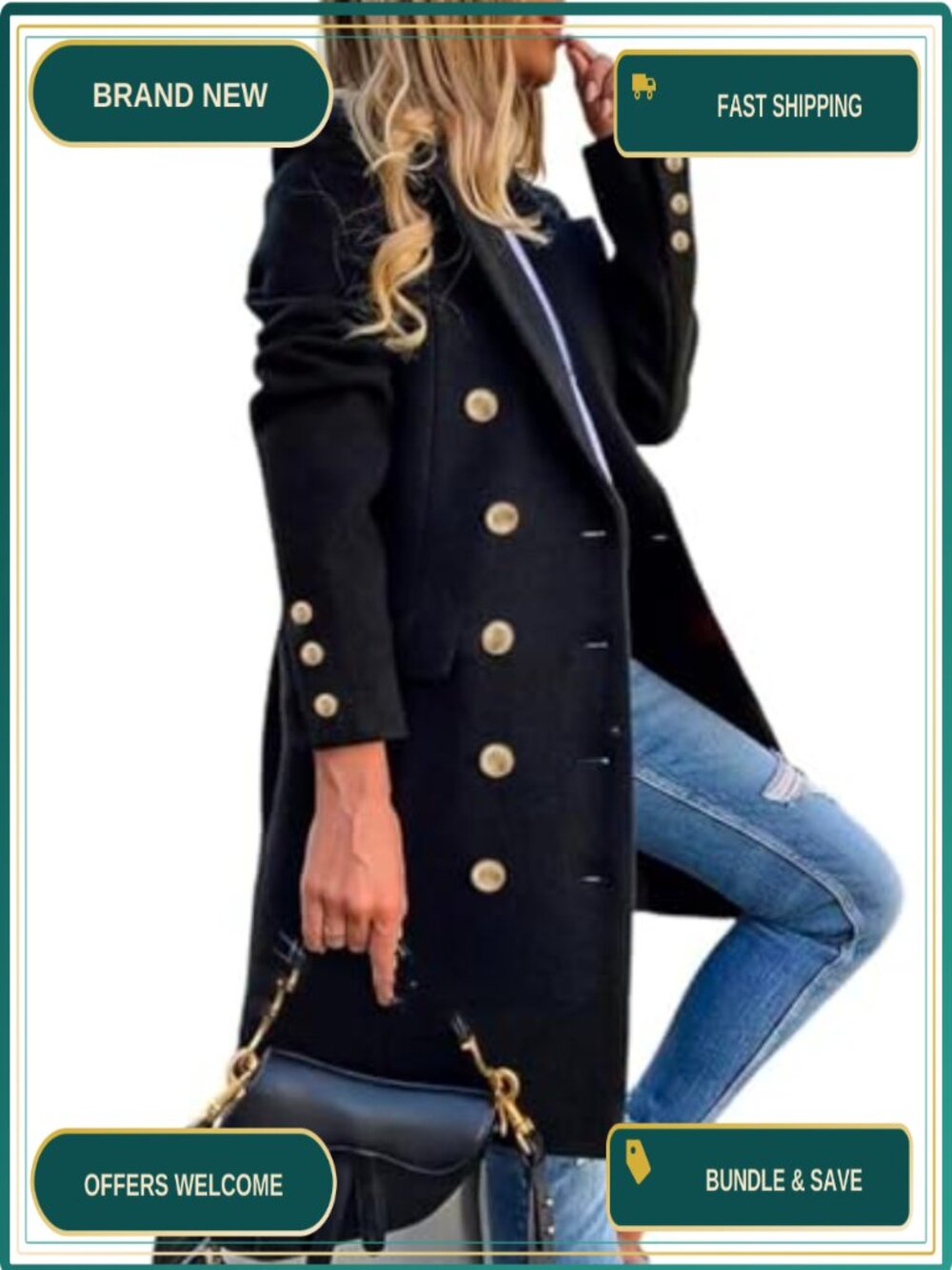 Double Breasted Midi Wool Blend Peacoat Trench Coat Winter